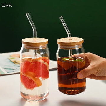 Clear Glass Tumbler with Bamboo Lid & Glass Straw | 550 ML & 600 ML Glass Cup With Lid and Straw